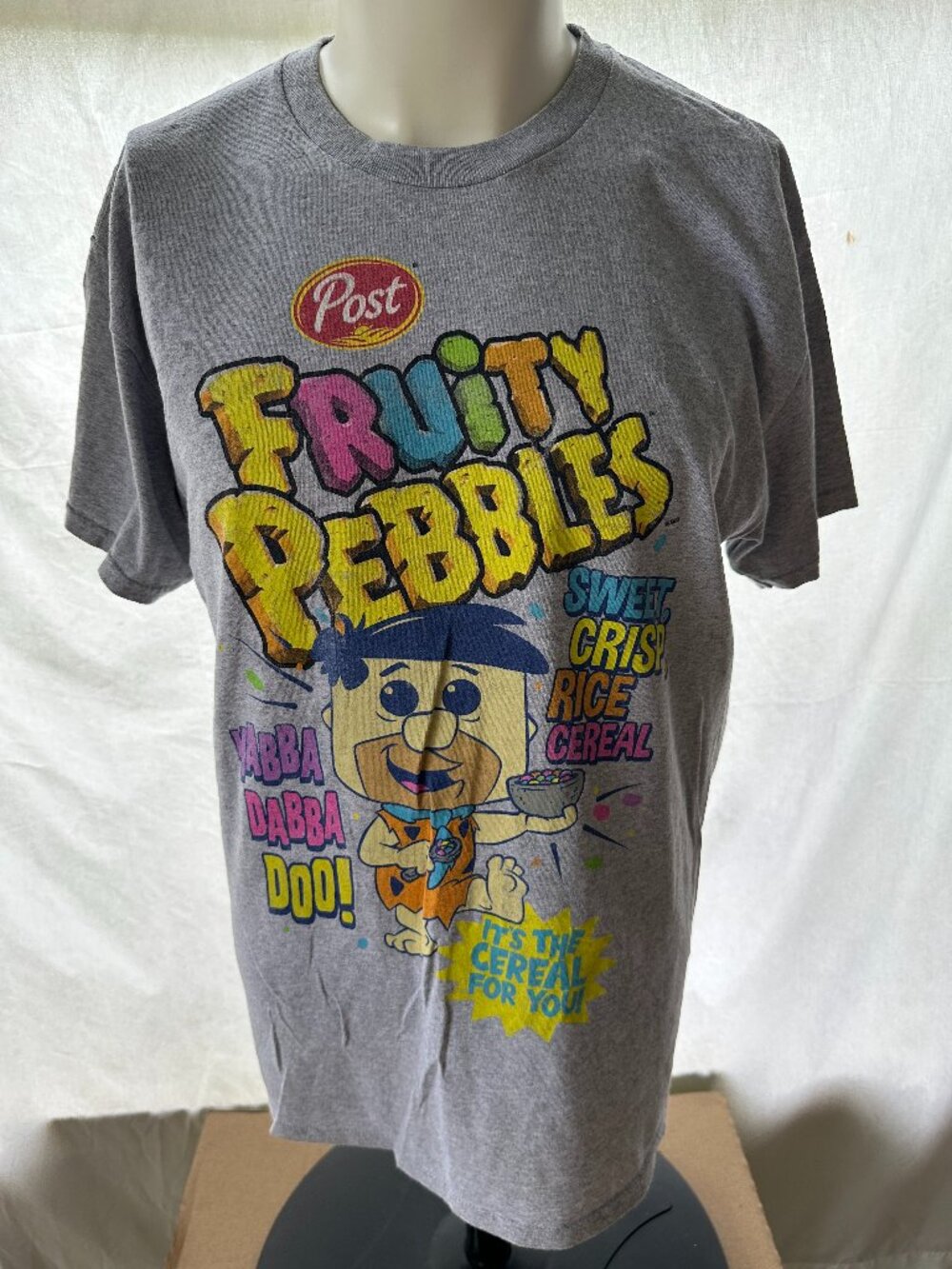 Fruity Pebbles Fred Flintstone Pop Tees Men's Gray T Shirt Large Cotton Polyeste